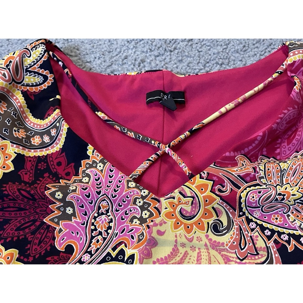 90s R&K Paisley Shift Mini Dress Sz 16P Fuchsia Yellow Crisscross Strap Colorful - Picture 5 of 13